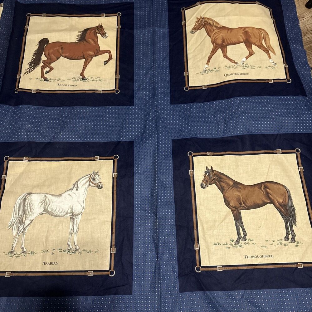 Vtg Cranston Equestrian Horse Fabric Cotton Blue Classic Approx 12yd Continuous